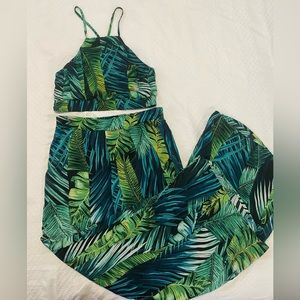 Tropical Leaf Wide-Leg Jumpsuit Set - Green